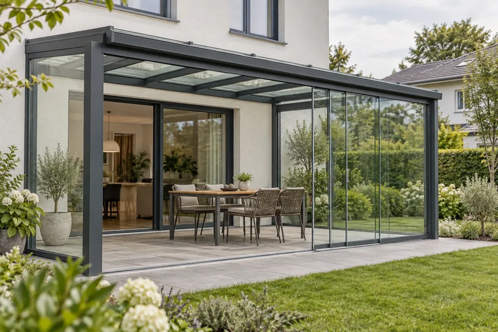 Visualisierung eines Glasraums mit Schiebeelementen